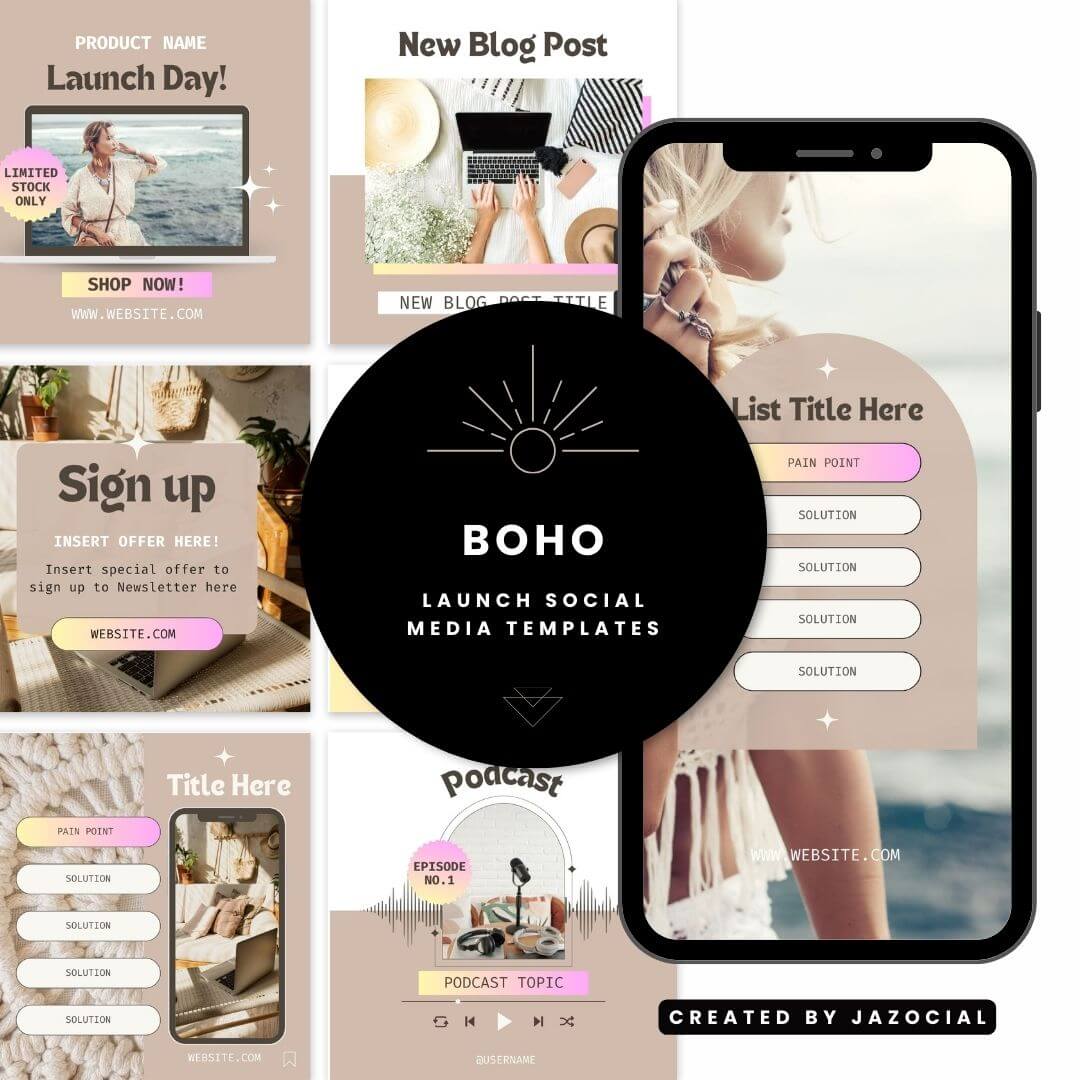 Preview of boho social media templates including launch designs such as save the date, coming soon, quotes, lists, stories etc