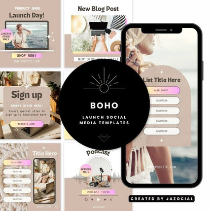 Preview of boho social media templates including launch designs such as save the date, coming soon, quotes, lists, stories etc