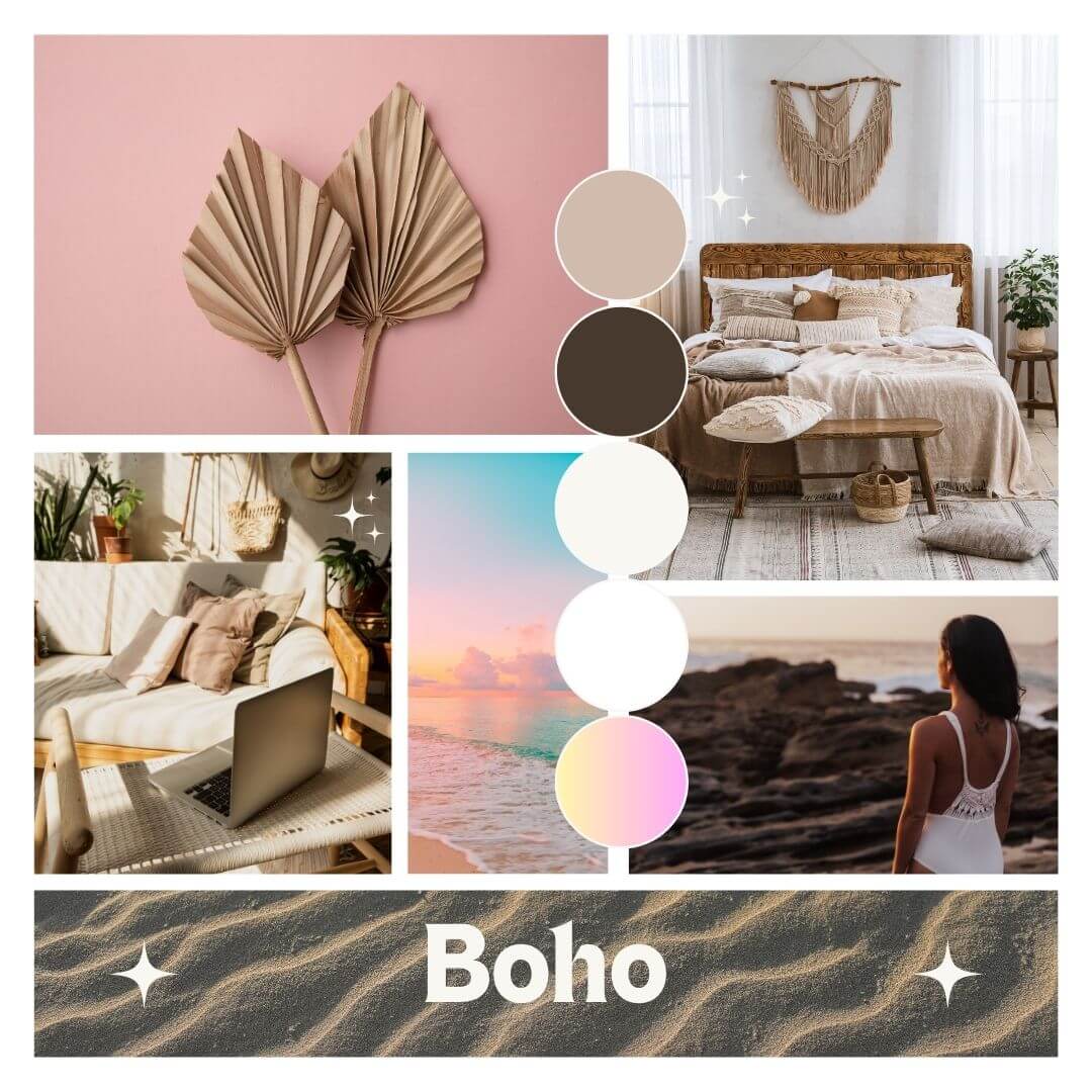 A mood board for the boho social media templates including sandy beige, pink yellow and boho decor