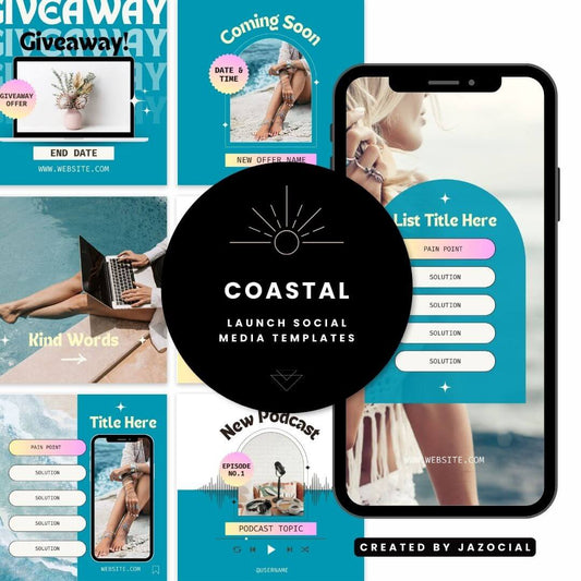  Preview of coastal social media templates including launch designs such as save the date, coming soon, quotes, lists, stories etc